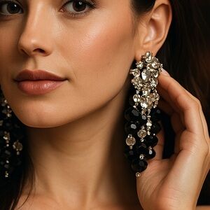 Glamorous  Austrian crystal Silver and Black Beaded Earrings vintage